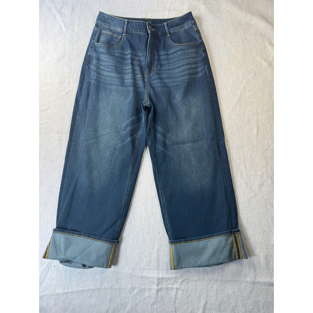 Halara Women Blue High Waisted Wide Leg Cuffed Denim Jeans Size L Regular